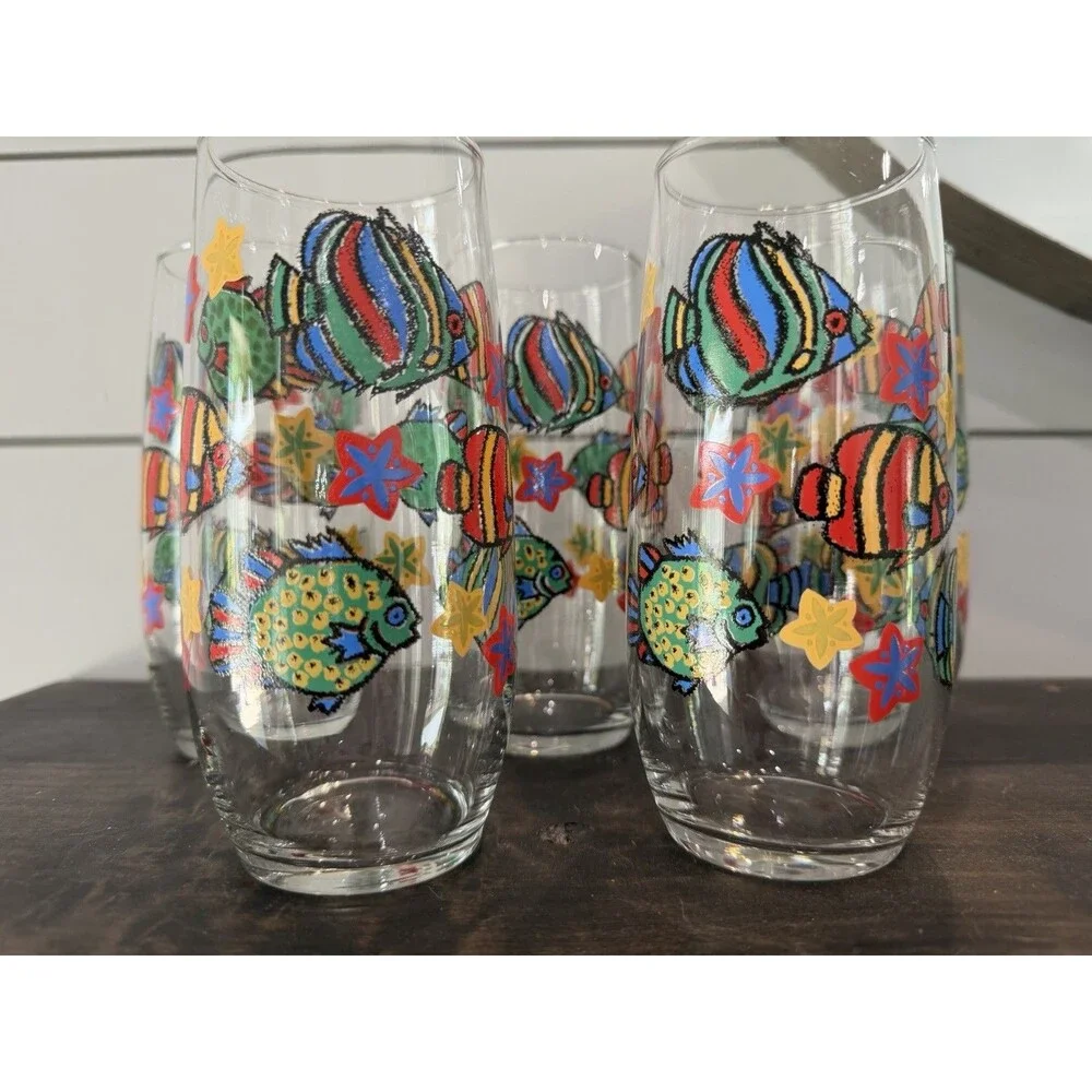 Lot of 5 Libbey 16 oz Tropical Fish Glasses Tumblers Vintage Retro